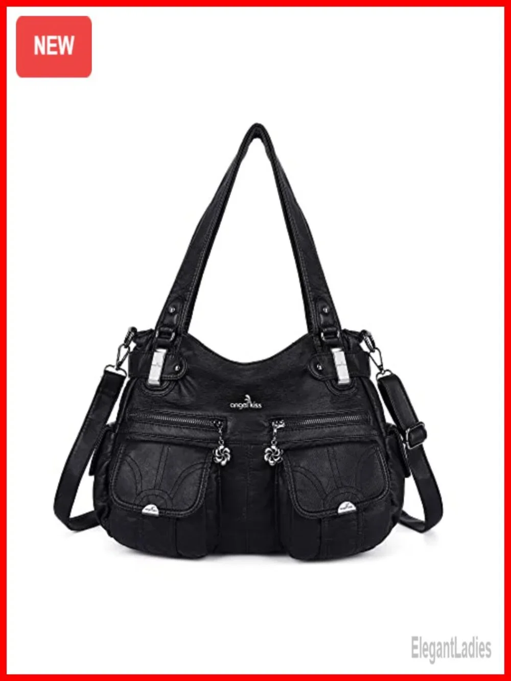 Washed PU Leather Satchel Handbag Double Zipper Multi Pocket Shoulder Bag